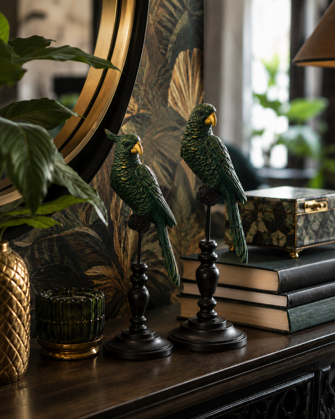 Tropical Parrot Tabletop Decoration on Perch detail – Leya Buster Interiors