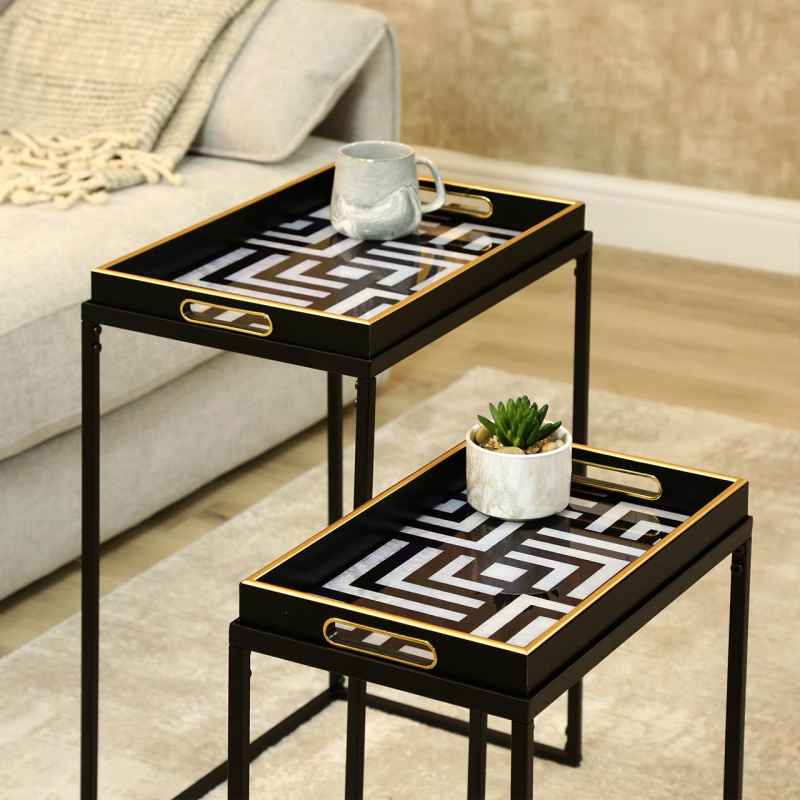Black & Gold Geometric Nest of Tray Tables (Set of 2)