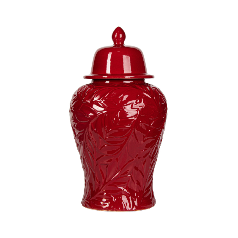 Glossy Red Leaf-Patterned Ceramic Ginger Jar