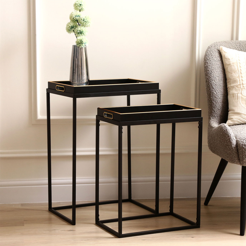 Black & Gold Geometric Nest of Tray Tables (Set of 2)