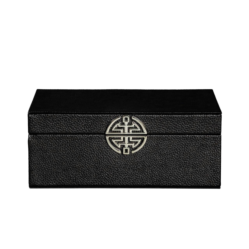 Luxury black jewellery box with silver emblem and grey velvet interior