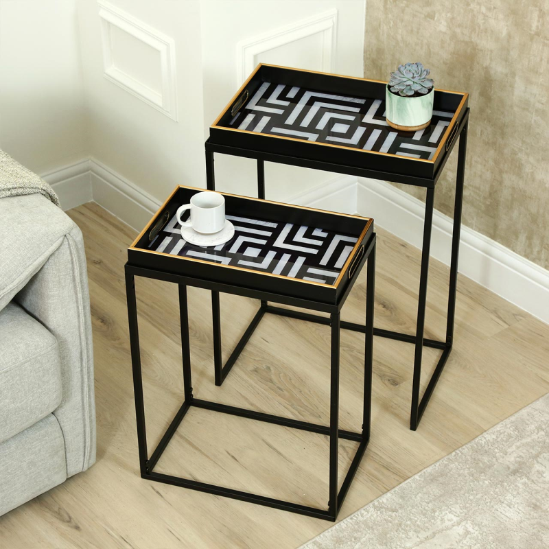 Black & Gold Geometric Nest of Tray Tables (Set of 2)