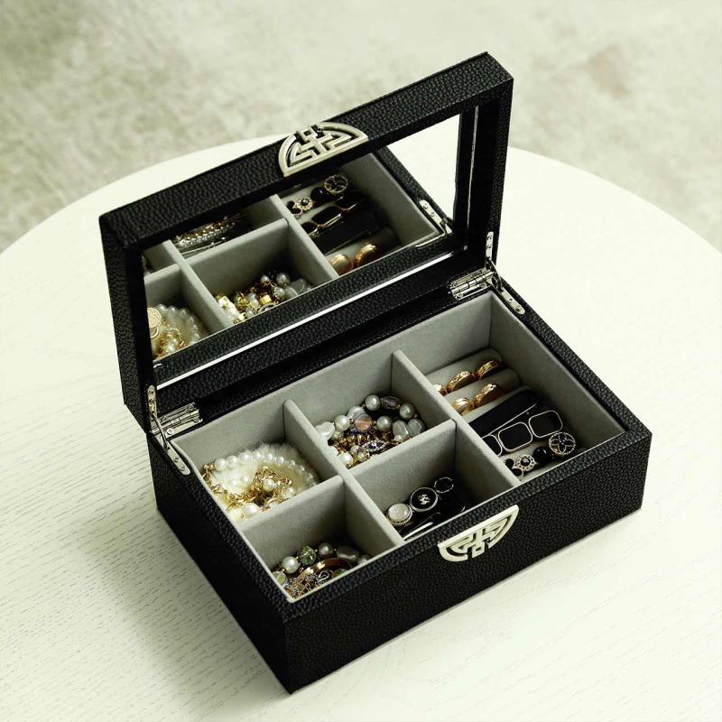 Elegant Black Faux Leather Jewellery Box with Mirror Lid