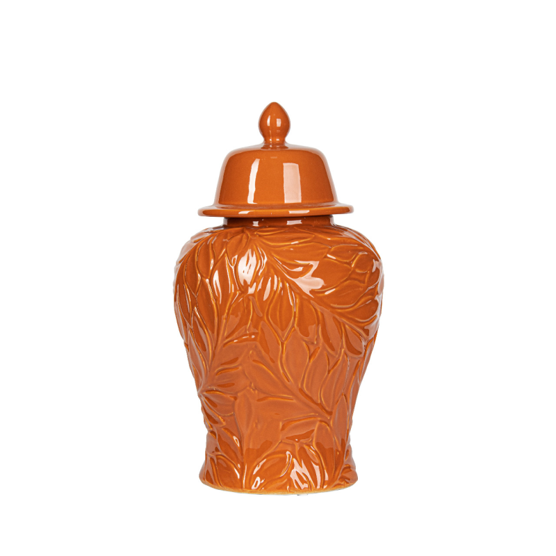 Orange Leaf-Patterned Ceramic Ginger Jar