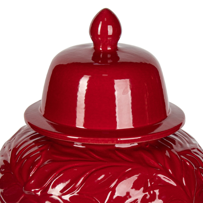 Glossy Red Leaf-Patterned Ceramic Ginger Jar