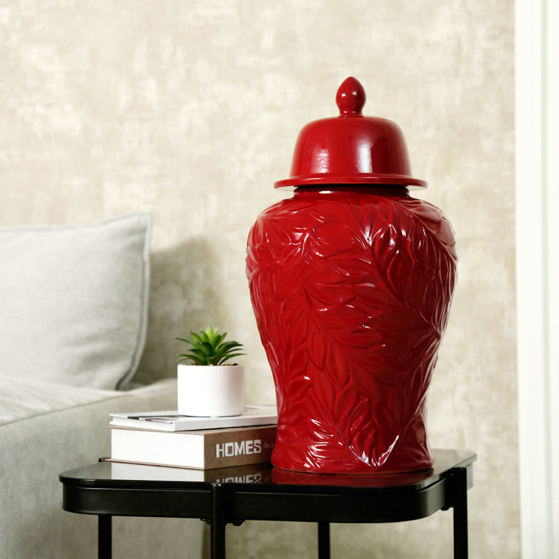Glossy Red Leaf-Patterned Ceramic Ginger Jar