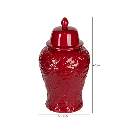 Glossy Red Leaf – Patterned Ceramic Ginger Jar styled view – Leya Buster Interiors