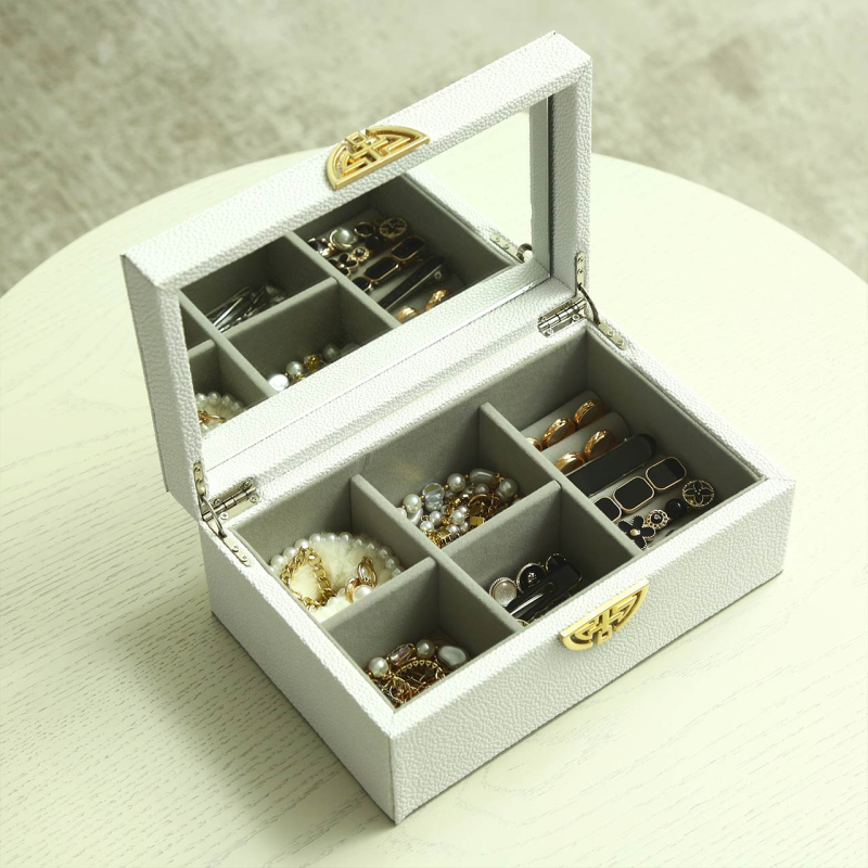 Elegant White Faux Leather Jewellery Box with Mirror Lid
