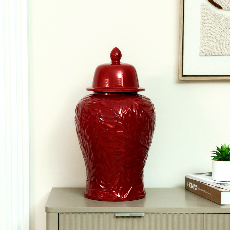 Glossy Red Leaf-Patterned Ceramic Ginger Jar