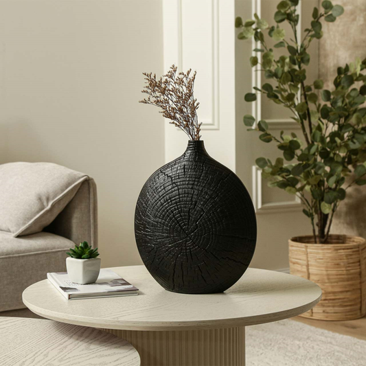 Black Textured Polyresin Vase – Tree Trunk Effect - Small