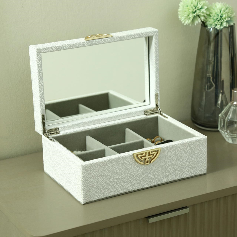 Elegant White Faux Leather Jewellery Box with Mirror Lid