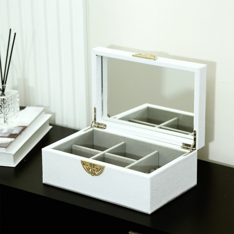 Elegant White Faux Leather Jewellery Box with Mirror Lid