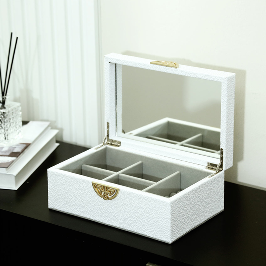 Elegant White Faux Leather Jewellery Box with Mirror Lid
