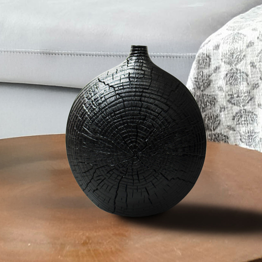 Black Textured Polyresin Vase – Tree Trunk Effect - Large