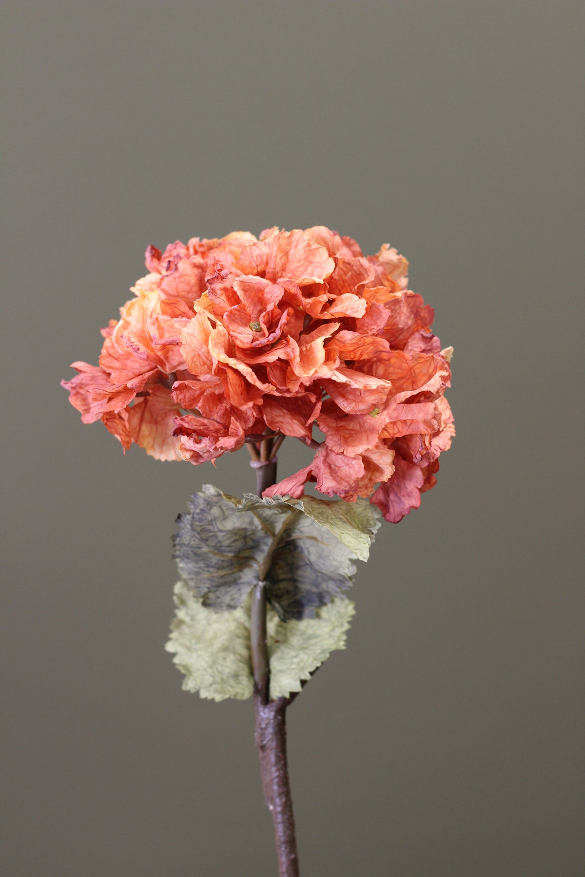 Rustic Hydrangea Stem – Burnt Orange faux hydrangea with a full warm orange flower head
