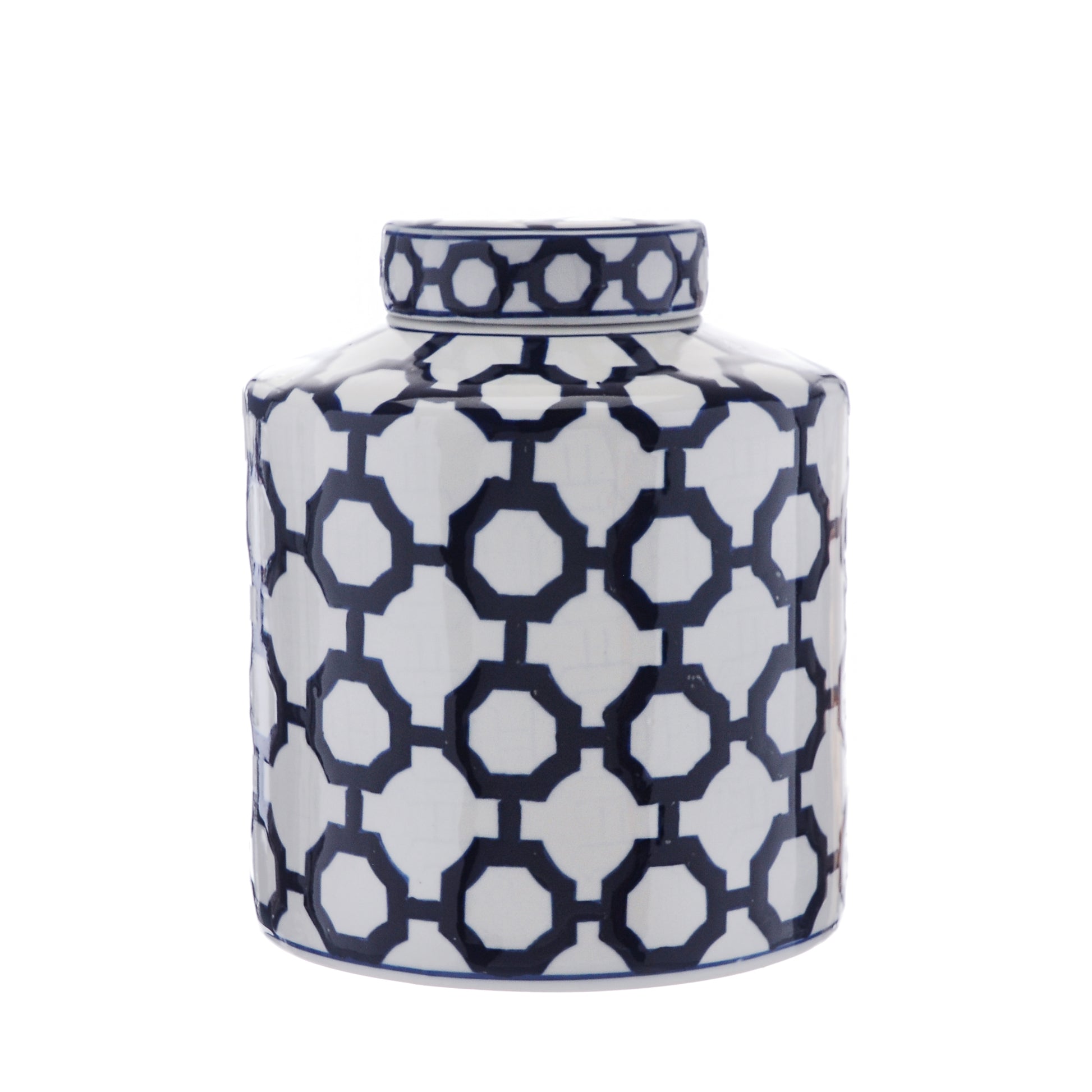 Short Blue & White Geometric Ginger Jar detail – Leya Buster Interiors