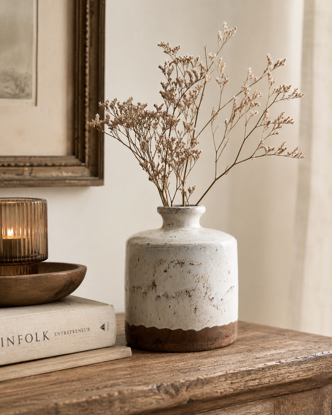 Aged Cream Terracotta Vase with Dark Brown Base – decorative vase at Leya Buster Interiors