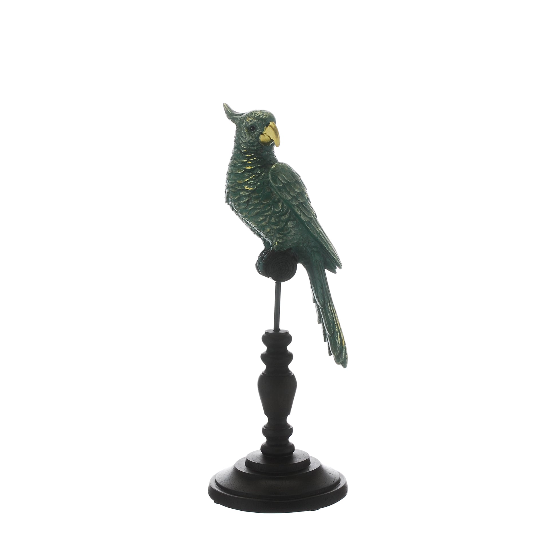 Tropical Parrot Tabletop Decoration on Perch styled view – Leya Buster Interiors