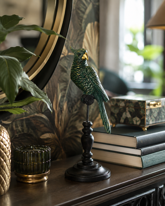 Tropical Parrot Tabletop Decoration on Perch – side table at Leya Buster Interiors