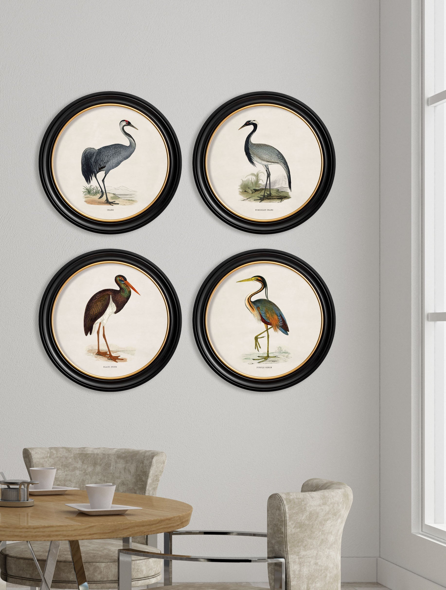c.1870 Wading Birds in Round Frames – framed wall art at Leya Buster Interiors