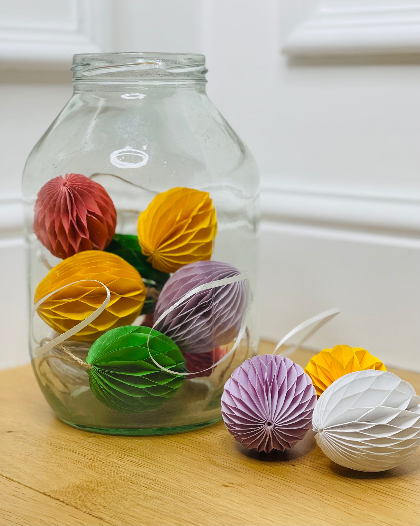 Pink Hanging Paper Easter Eggs – Set of 4 styled view – Leya Buster Interiors